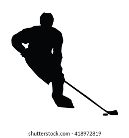 Hockey player vector silhouette, front view, ice hockey winter sport, isolated ice hockey player