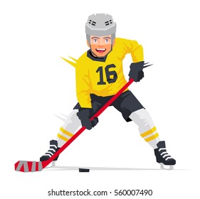 Hockey player with  in yellow uniform. Vector illustration on white background. Sports concept.