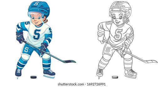 Hockey player, young boy playing winter game. Coloring page and colorful clipart character. Cartoon design for t shirt print, icon, logo, label, patch or sticker. Vector illustration.