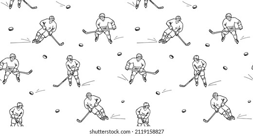 Hockey players during the game. Hand drawn seamless pattern. Vector illustration