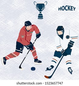 Hockey players in equipment, hockey sticks, puck, winner cuba - abstract background - vector. Winter sport