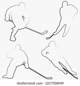 Hockey players. Hockey. Four linear silhouettes of hockey players. Linear. The shadows of the hockey players. Stencils