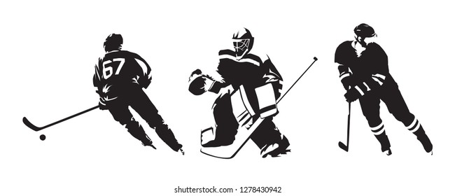 Hockey players, group of isolated vector silhouettes. Ice hockey ink drawings