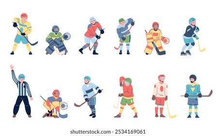 Hockey players. Men holding hockey sticks, forwards and goalkeepers in uniform. Sport characters on training, flat athletes team recent vector set