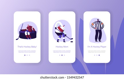 Hockey Players on Ice Rink Mobile App Page Onboard Screen Set. Winter Sport Game Competition. Sportsmen and Referee Playing on Stadium Concept for Website or Web Page. Cartoon Flat Vector Illustration