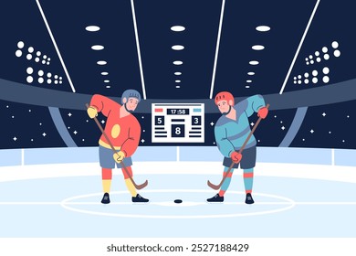 Los jugadores de hockey juegan el disco. Dos atletas en el estadio de hielo tienen entrenamiento. Los personajes deportivos usan cascos y uniforme, sostienen palos, escenario de Vector reciente