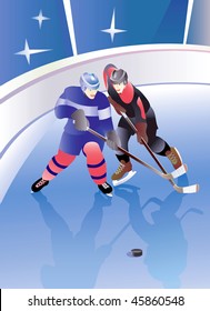 Hockey players power fight for bullet. vector illustration.