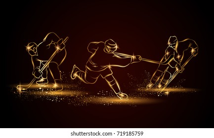 Hockey players set. Golden linear hockey player illustration for sport banner, background and flyer.