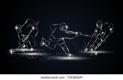 Hockey players set. Metallic linear hockey player illustration for sport banner, background and flyer.