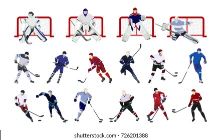 Hockey players set on white background. Colorful silhouettes.