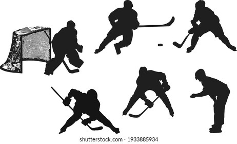 Hockey players silhouettes isolated on white background. The goalkeeper stands at the goal, the referee throws in the puck, the hockey players are actively fighting for the puck. Vector, eps10. 