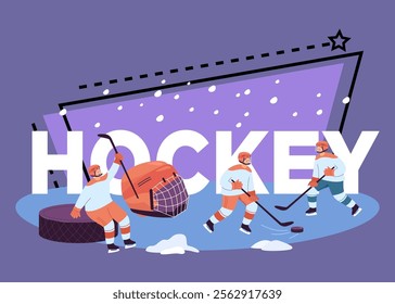 Hockey players in uniform practicing with sticks and puck on ice rink. Male people doing winter sport on background of word hockey flat vector illustration. Free time activity concept for wallpaper