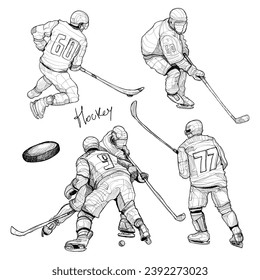 Juego de vectores de jugadores de hockey. Ilustración del dibujo deportivo.