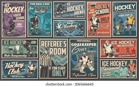 Hockey-Spieler Vintage-Poster und Banner. Eis-Hockey-Meisterschaft, Trainingshochschule oder Sportausrüstungs-Shop-Retro-Vektorplakate