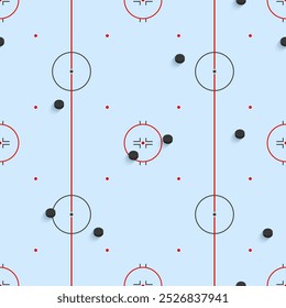 Hockey playground vector illustration. Ice hockey pucks and rink seamless pattern. Winter sports repeated texture for sporting designs, prints, gaming backgrounds. Template skating arena with markup