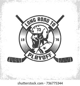 Hockey  playoff retro emblem with bearded player, crossed sticks and heraldic circular ribbon. Worn texture on  separate layer and can be easily disabled.