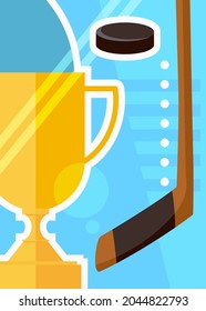Hockey poster with cup and stick. Sport placard design in cartoon style.