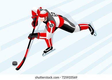 Hockey poster. Ice hockey player athlete winter sport man vector 3D hockey field isometric icon.