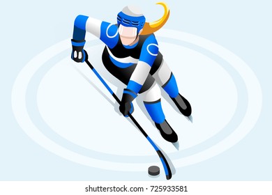 Hockey poster. Ice hockey player athlete winter sports woman vector 3D hockey field isometric icon.