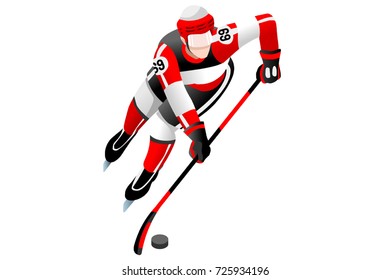 Hockey poster. Ice hockey player athlete winter sports man vector 3D hockey field isometric icon.