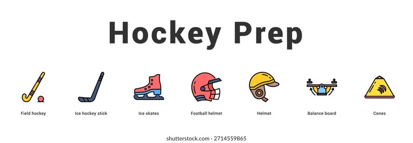 Hockey Prep Moderne und saubere Web-Banner-Illustration mit thematischen Symbolen für visuelle Kommunikation