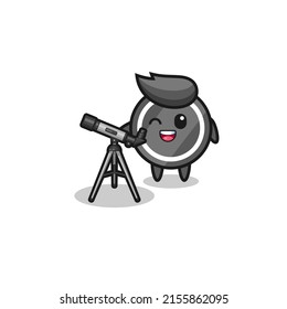 hockey puck astronomer mascot with a modern telescope , cute design
