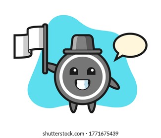 Hockey puck cartoon holding a flag