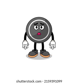 hockey puck cartoon illustration with sad face , character design