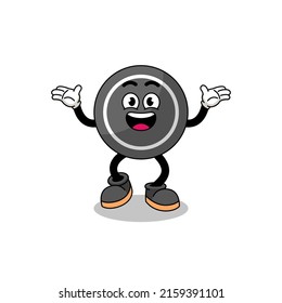 hockey puck cartoon searching with happy gesture , character design