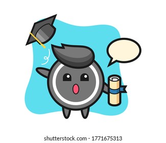 Hockey puck cartoon throwing the hat at graduation