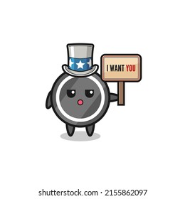 hockey puck cartoon as uncle Sam holding the banner I want you , cute design