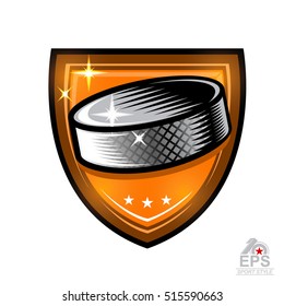 Hockey puck in center of shield. Vector sport logo isolated on white for any team or competition