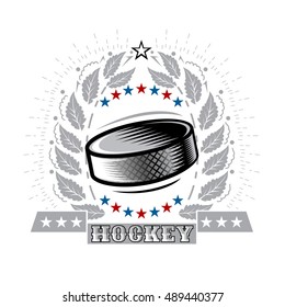 Hockey Puck In Center Of Silver Laurel Wreath And Ribbon On Light Background. Sport Logo For Any Team Or Championship