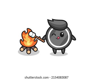 hockey puck character is burning marshmallow , cute design