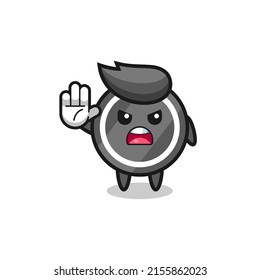 Hockey Puck Character Doing Stop Gesture , Cute Design