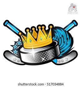 Hockey puck in crown with wind trail and crosses hockey stick. Vector sport logo isolated on white for any team or competition