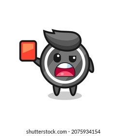 hockey puck cute mascot as referee giving a red card , cute style design for t shirt, sticker, logo element