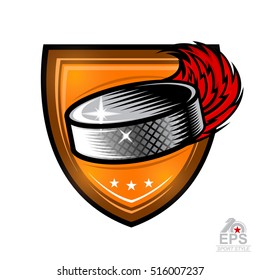 Hockey puck with fire trail in center of shield. Vector sport logo isolated on white for any team or competition