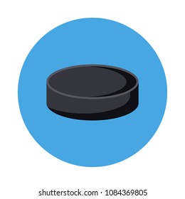 Hockey puck flat icon isolated on blue background. Simple hockey puck in flat style, vector illustration for web and mobile design. Sport equipment elements vector sign symbol.