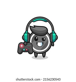 hockey puck gamer mascot holding a game controller , cute design