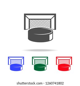 Hockey puck and gates  icons. Elements of sport element in multi colored icons. Premium quality graphic design icon. Simple icon for websites, web design, mobile app, info graphics