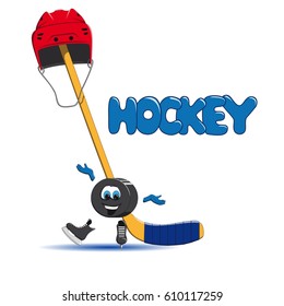 Hockey puck is ice skating, and in the background a hockey red helmet and an ice hockey hat are put on the stick