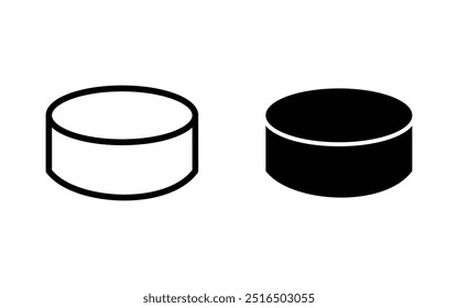 Hockey-Puck-Symbol. in schwarz-weiß gefüllt und umrissen Stil. Sportausrüstung. Eishockey-Spielattribut. Hockey-Puck-Vektorsymbol . Eishockey-Symbol.