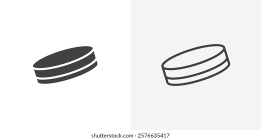 Hockey puck icon set in black flat solid and outlined style.