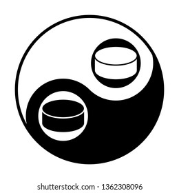 Hockey puck icon. Vector. Black and white icon inside circles of yin and yang symbol  at white background.