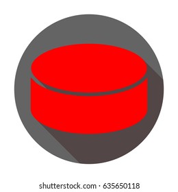 Hockey puck icon. Vector. Red icon with reddish shadow on dark gray circle at white background. Isolated.
