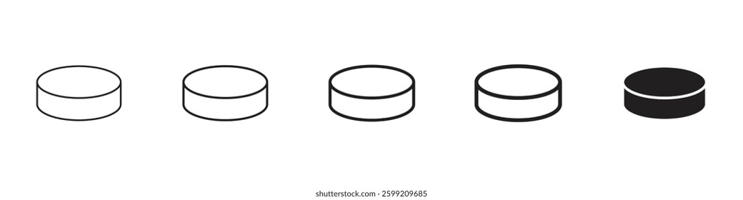 Hockey puck icons in black outline, solid and colored style