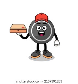 hockey puck illustration as a pizza deliveryman , character design