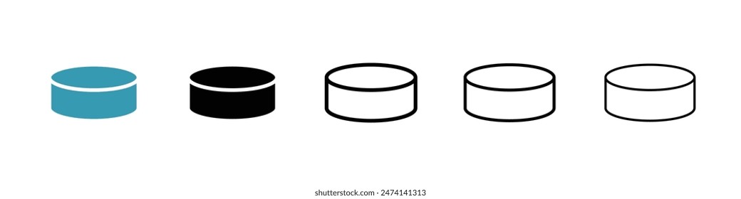 Hockey puck line icon set. Rubber hockey puck vector sign for UI designs.