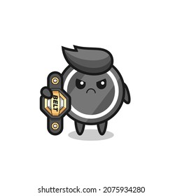 hockey puck mascot character as a MMA fighter with the champion belt , cute style design for t shirt, sticker, logo element
